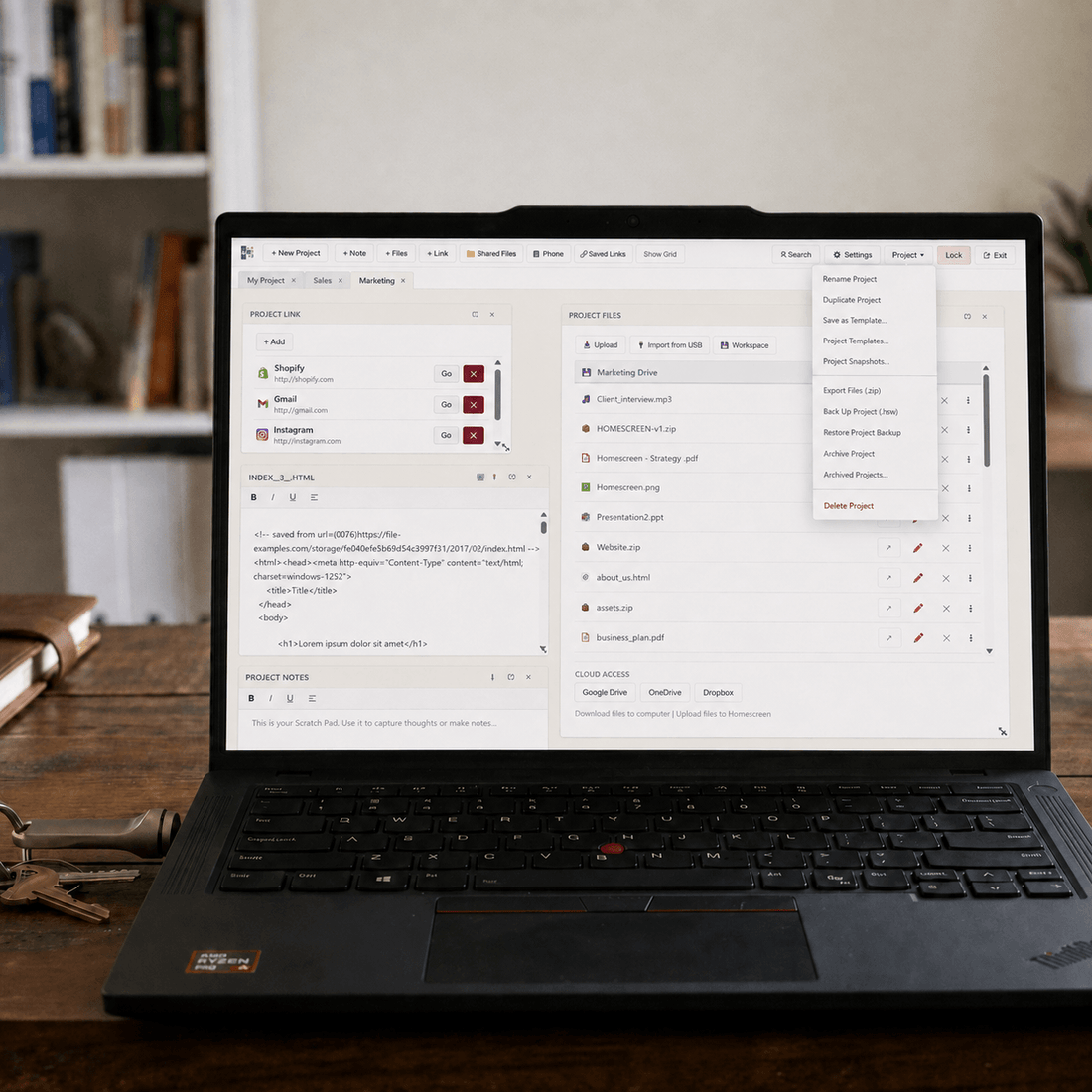 Laptop displaying project management tools for portable workspace setup on any computer.