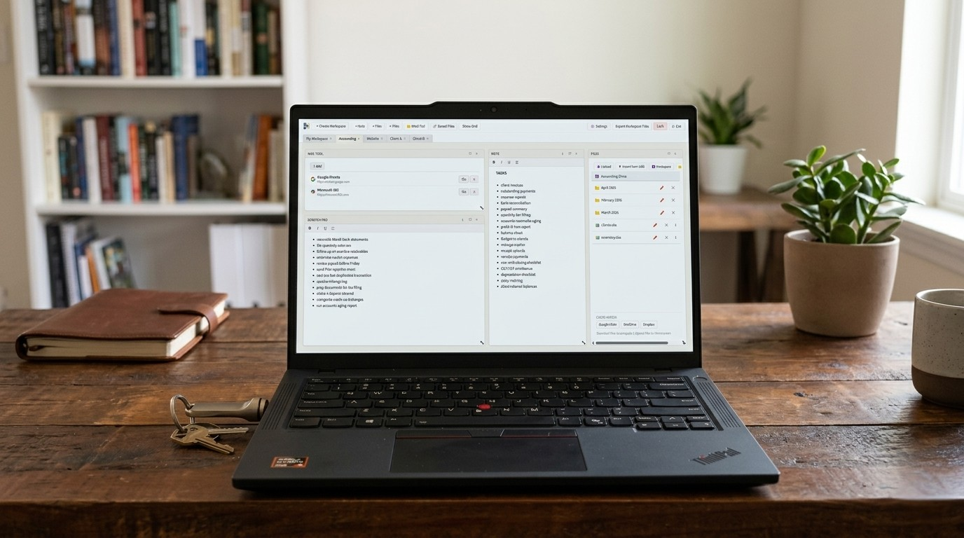 Homrscreen USB plugged into a laptop on a wooden desk with Homescreen workspace on the screen