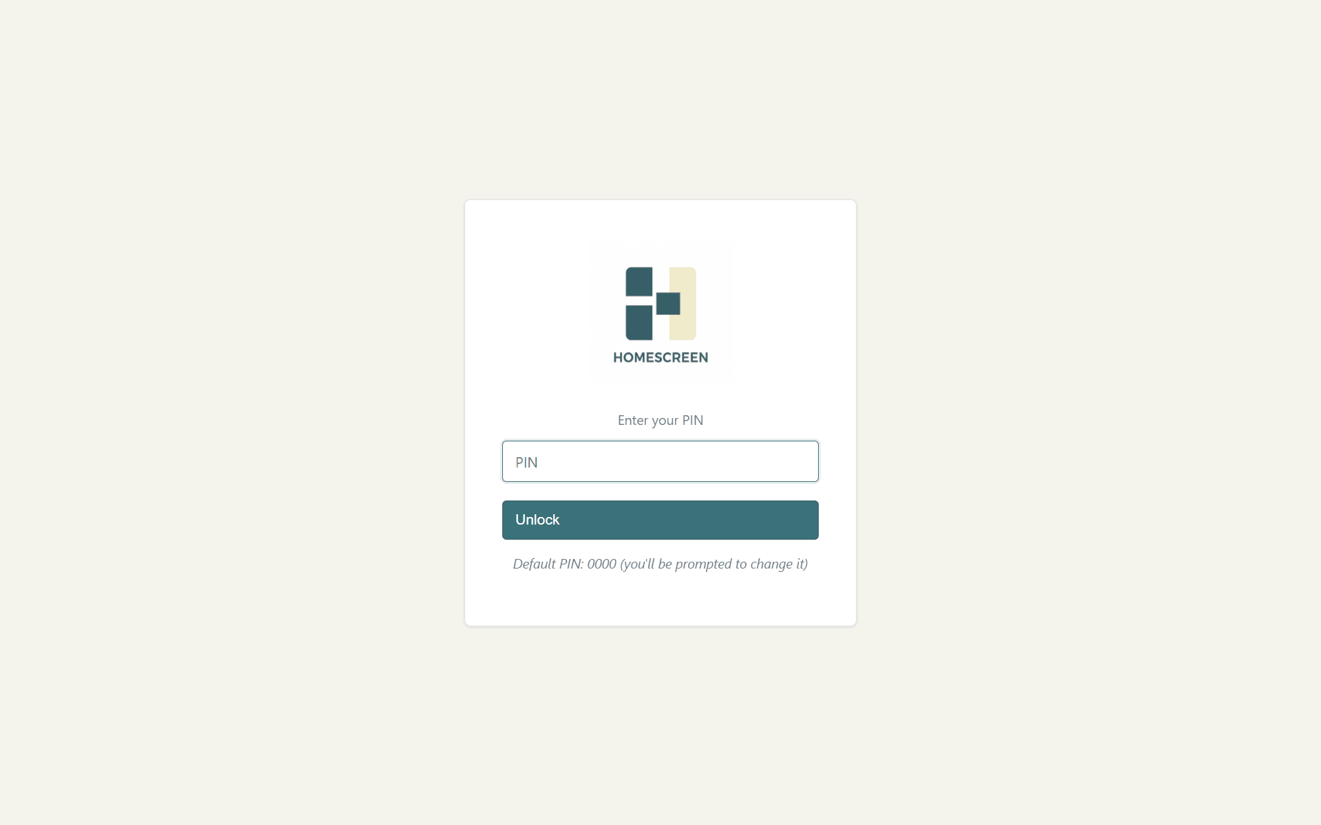 Homescreen PIN entry interface for 128GB portable USB drive with workspace.