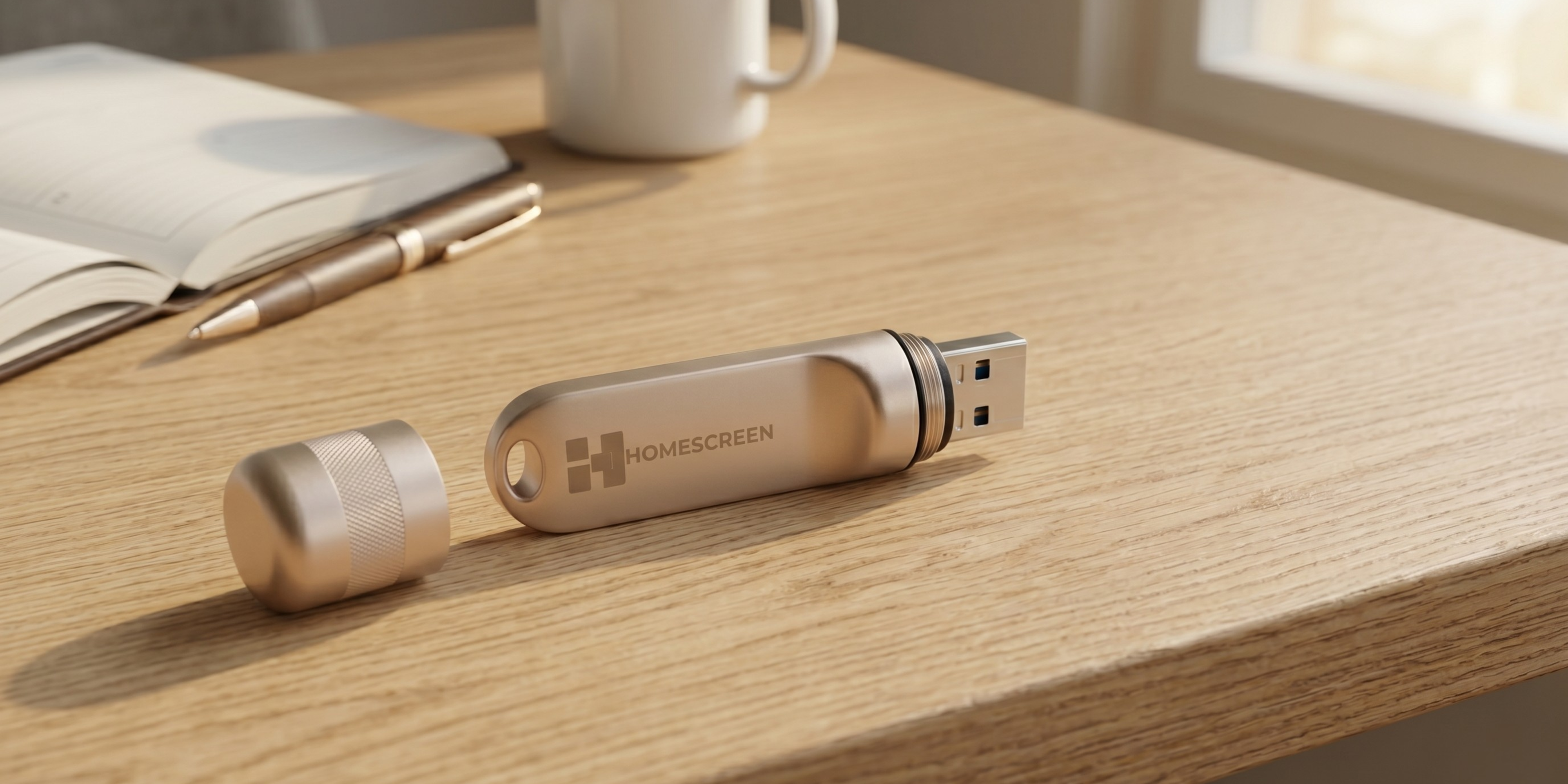 Homescreen USB on a wooden desk 