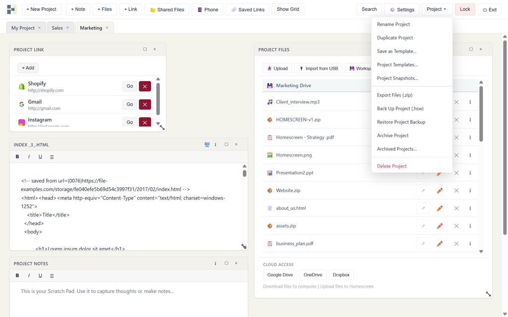 User interface of Homescreen Portable Workspace Software showcasing project organization and management features.