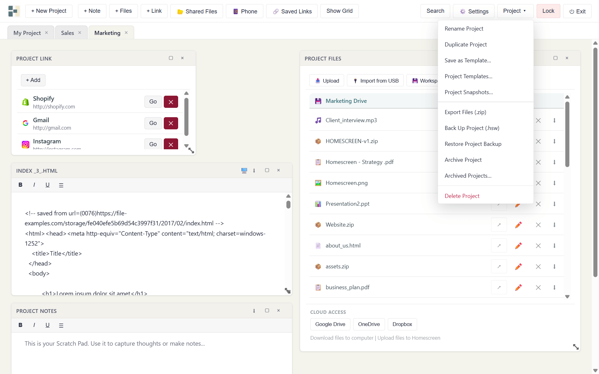 User interface of Homescreen Portable Workspace Software showcasing project organization and management features.