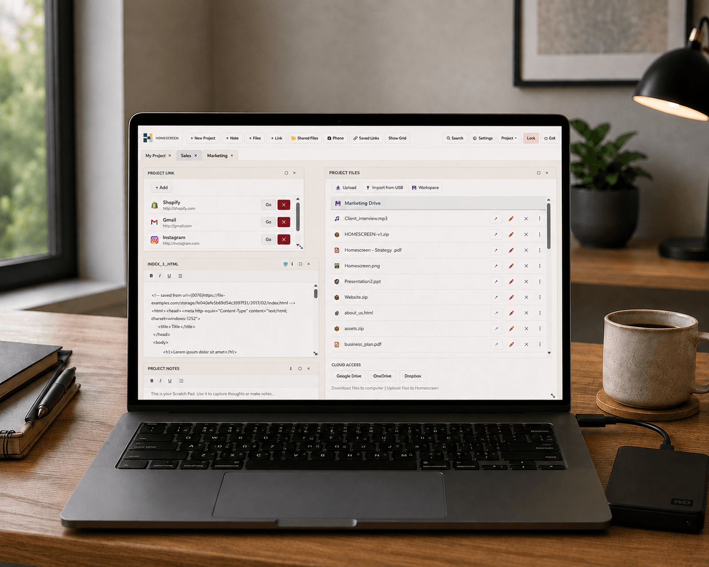 Screenshot of portable workspace software on a laptop, featuring organized projects and notes.