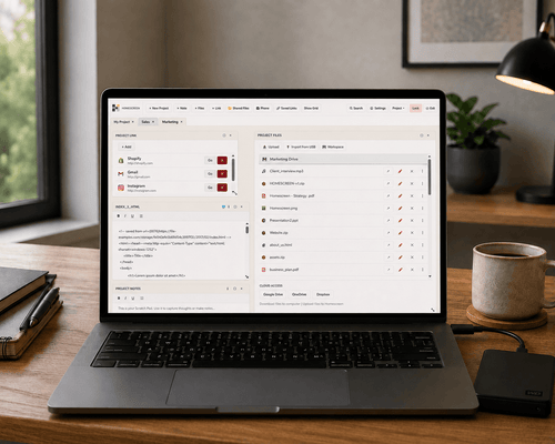 Screenshot of portable workspace software on a laptop, featuring organized projects and notes.