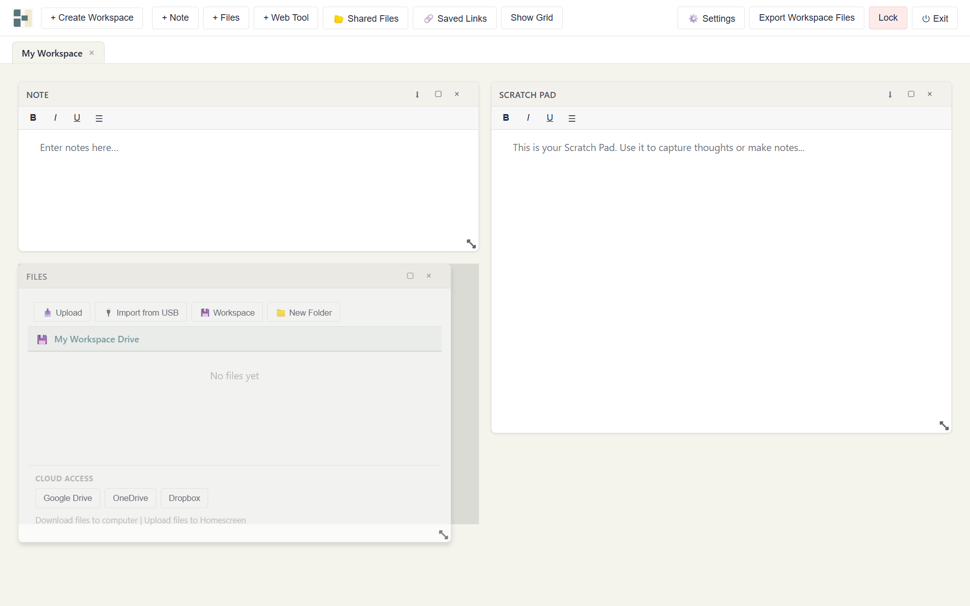 Homescreen multi-pane workspace